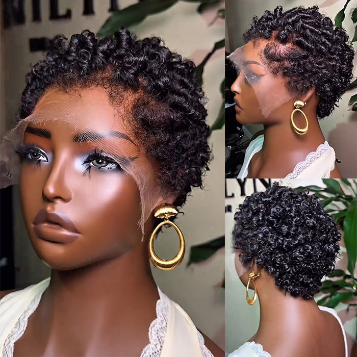 Shotr Pixie Cut Curly Wave Human Hair Wig Luxurious Glueless Full Lace Wig 100% Human Hair Free Parting Natural Color For Woman - Rafarada