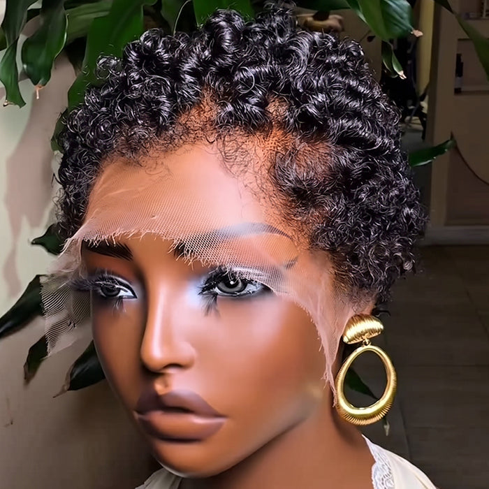 Shotr Pixie Cut Curly Wave Human Hair Wig Luxurious Glueless Full Lace Wig 100% Human Hair Free Parting Natural Color For Woman - Rafarada