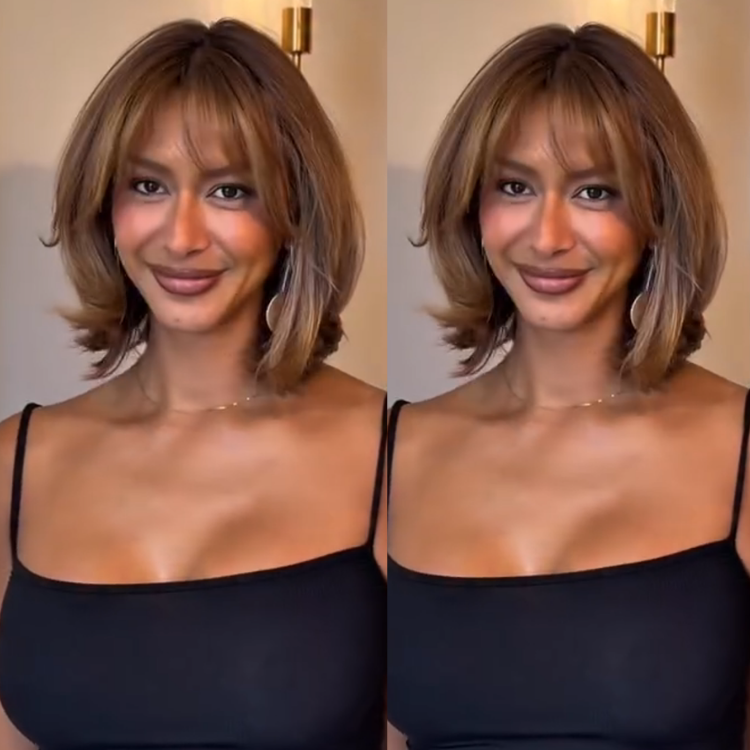 Caramel Bronde Shoulder-Length Bob Wig with Curtain Bangs Outward Flip 100% Human Hair Wigs- Rafarada