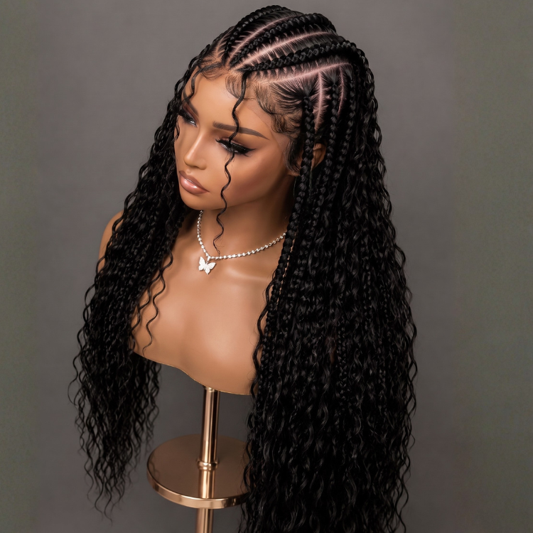 Glueless Boho Braided 13x6 HD Lace Wig Stitch Cornrow with Curly Water Wave Ends & Pre-Plucked Baby Hair - Rafarada
