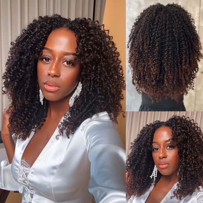 Ombre Dark Brown Highlights Spiral Curly End Color Glueless Wig 100% Human Hair - Rafarada