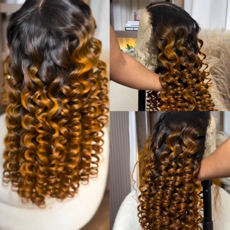 Ombre Gold Highlight Color Wig Spiral Curly Lace Frontal Pre-Plucked Hairline Human Hair Wig - Rafarada