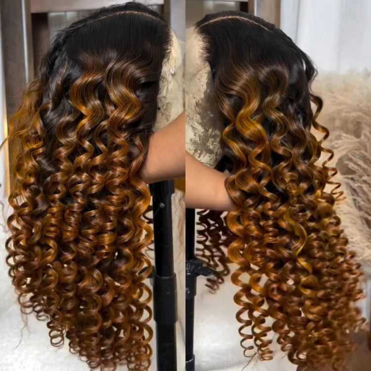 Ombre Gold Highlight Color Wig Spiral Curly Lace Frontal Pre-Plucked Hairline Human Hair Wig - Rafarada