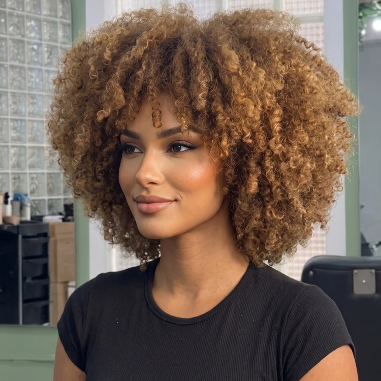 Honey Ginger Blonde 3C 4A Spiral Coils Lace Front Wig - Pre-Plucked Glueless HD Lace Human Hair Wig with Bangs- Rafarada