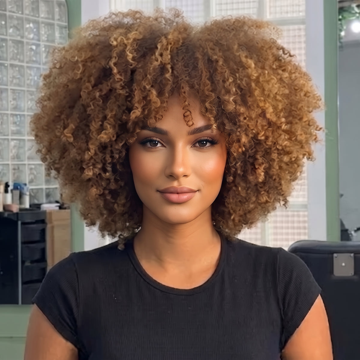 Honey Ginger Blonde 3C 4A Spiral Coils Lace Front Wig - Pre-Plucked Glueless HD Lace Human Hair Wig with Bangs- Rafarada