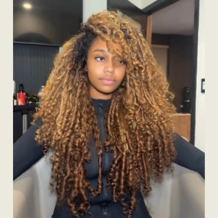 Honey Blonde Spiral Curly Wig with Dark Roots High Density 100% Human Kinky Curly Hair Glueless Long Big Volume Curls - Rafarada