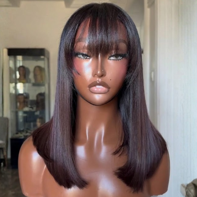 Glueless Burgundy Brown Straight Human Hair Wig with Bangs Layered Cut Wear and Go Ready to Wear- Rafarada