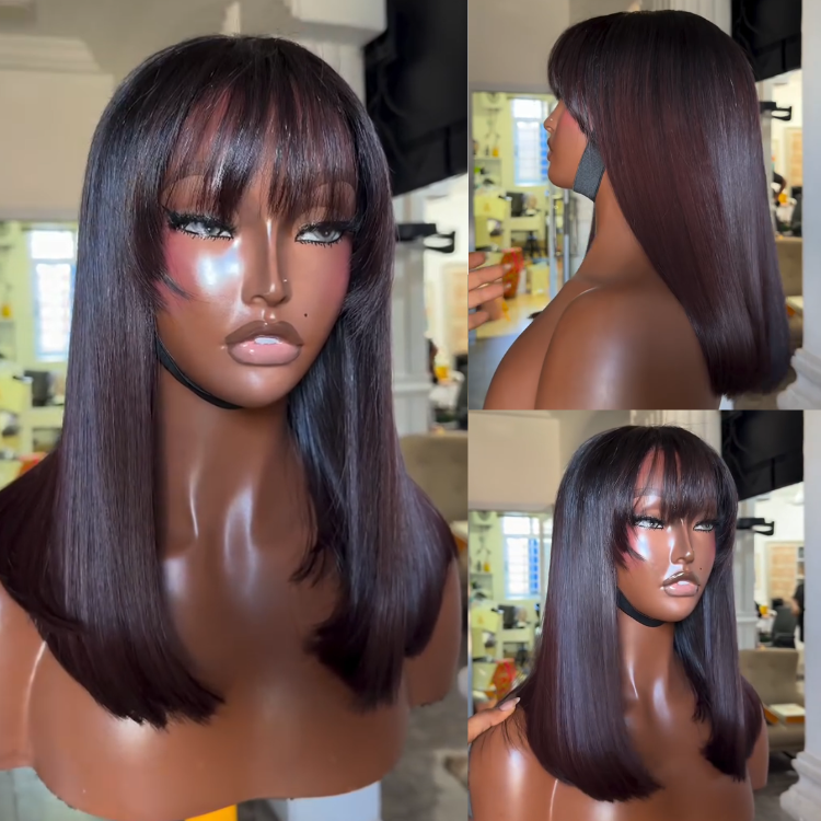 Glueless Burgundy Brown Straight Human Hair Wig with Bangs Layered Cut Wear and Go Ready to Wear- Rafarada