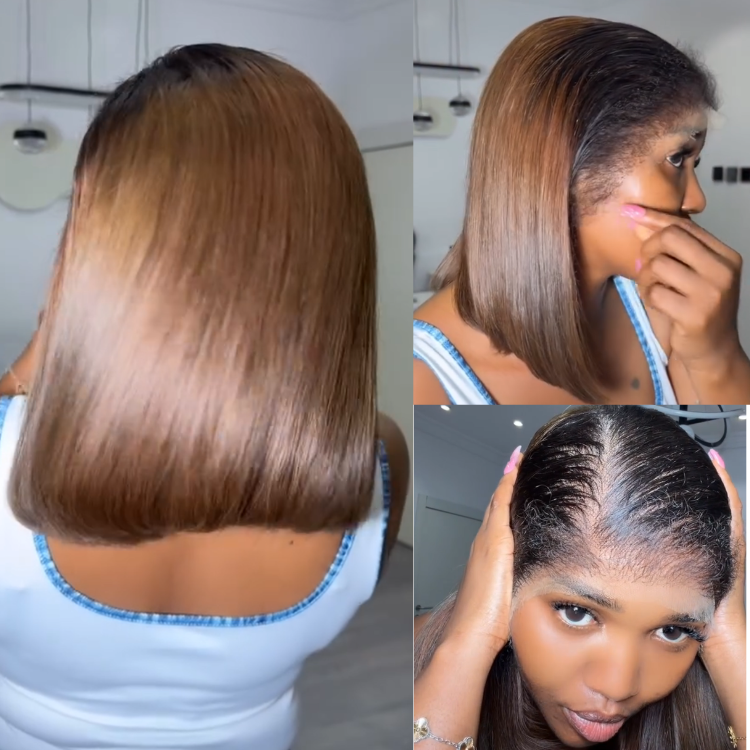 Silky Chestnut Brown Straight Bob Lace Front Wig ¨C Natural Dark Roots with Soft Inward Curl | Sleek & Glossy Human Hair, Pre-Plucked Glueless - Rafarada