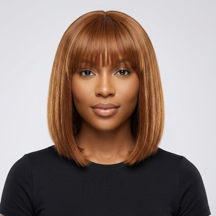 Chestnut Brown Straight Bob Wig with Bangs - Glueless Honey Blonde Short Bob Human Hair Wig for Women - Rafarada