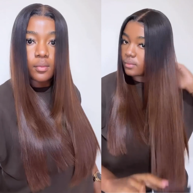 Dark Chocolate To Milk Tea Brown Ombre Bone Straight Human Hair Wig 13x4 Lace Front Gradient Brown Silky Straight Wig - Rafarada