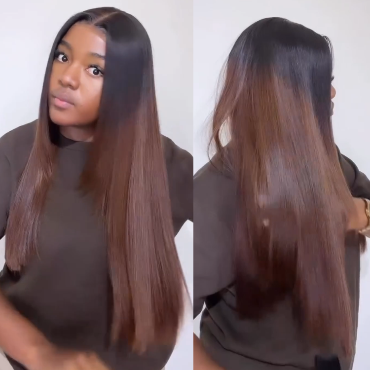 Dark Chocolate To Milk Tea Brown Ombre Bone Straight Human Hair Wig 13x4 Lace Front Gradient Brown Silky Straight Wig - Rafarada