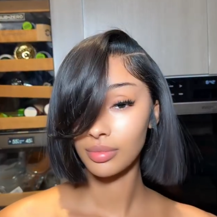 Short Sleek Straight Human Hair Wig - Glossy Jet Black Side Part Bob Glueless Lace Wig with Smooth Finish - Rafarada