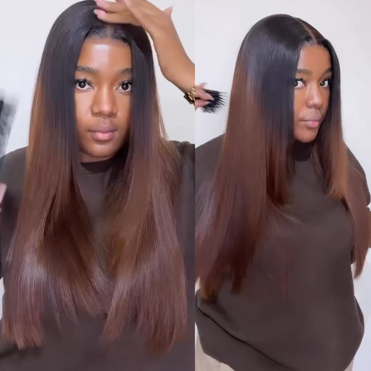Dark Chocolate To Milk Tea Brown Ombre Bone Straight Human Hair Wig 13x4 Lace Front Gradient Brown Silky Straight Wig - Rafarada