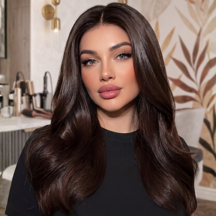 Salon-Style Flowy Deep Wave Wig with Layers - Smooth Silky Black-Brown Solid Tone, Ready-to-Wear Human Hair Wig- Rafarada