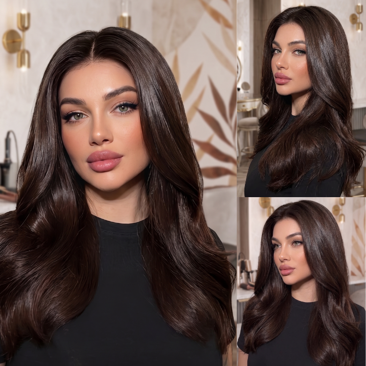 Salon-Style Flowy Deep Wave Wig with Layers - Smooth Silky Black-Brown Solid Tone, Ready-to-Wear Human Hair Wig- Rafarada