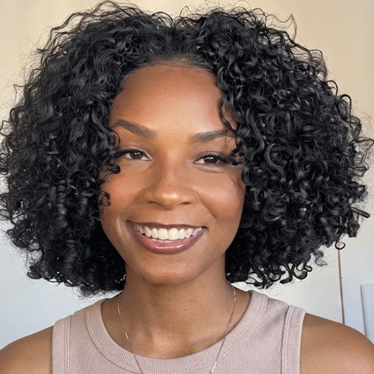 Natural Black Tight Coily Ringlet Curls Human Hair Wig - Bouncy Short Bob with Defined Springy Curls- Rafarada