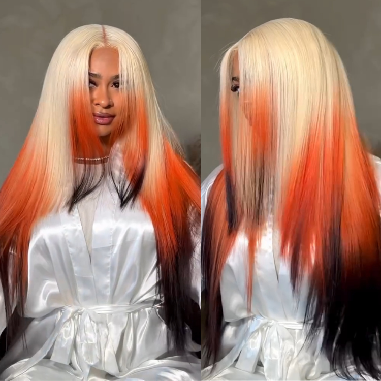 Tri-color Blonde Orange Black Ombre Human Hair Lace Front Wigs Silky Straight/ Body Wave Layered Wigs for Women - Rafarada