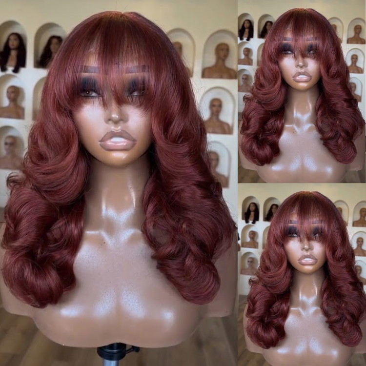 Vibrant 99J Wine Red Bouncy Body Wave Wig with Bangs - High Volume Glueless Human Hair Wigs- Rafarada