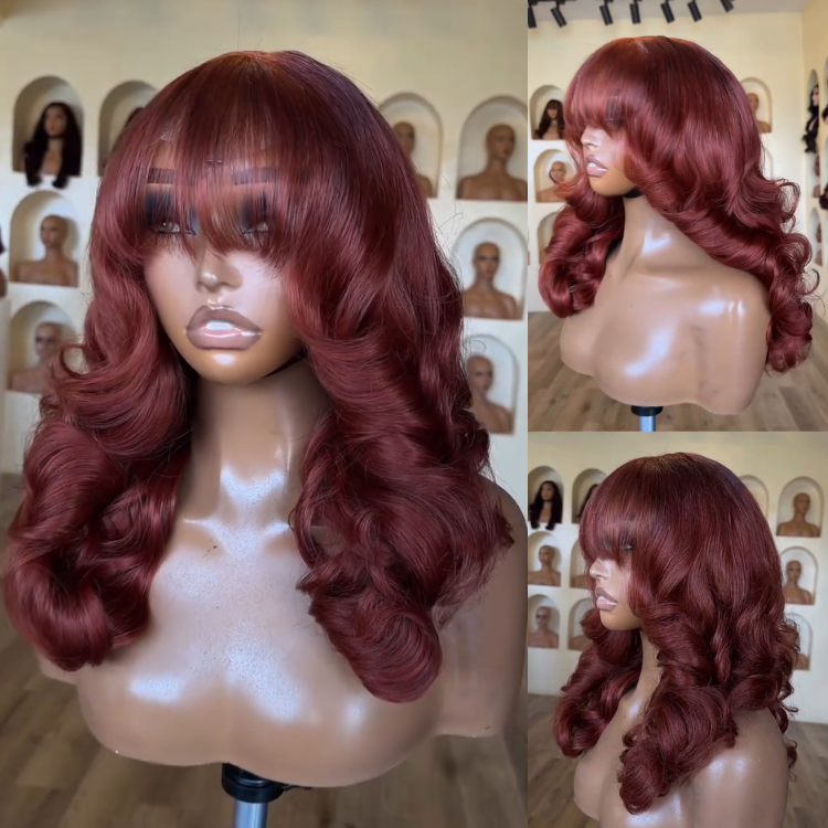 Vibrant 99J Wine Red Bouncy Body Wave Wig with Bangs - High Volume Glueless Human Hair Wigs- Rafarada