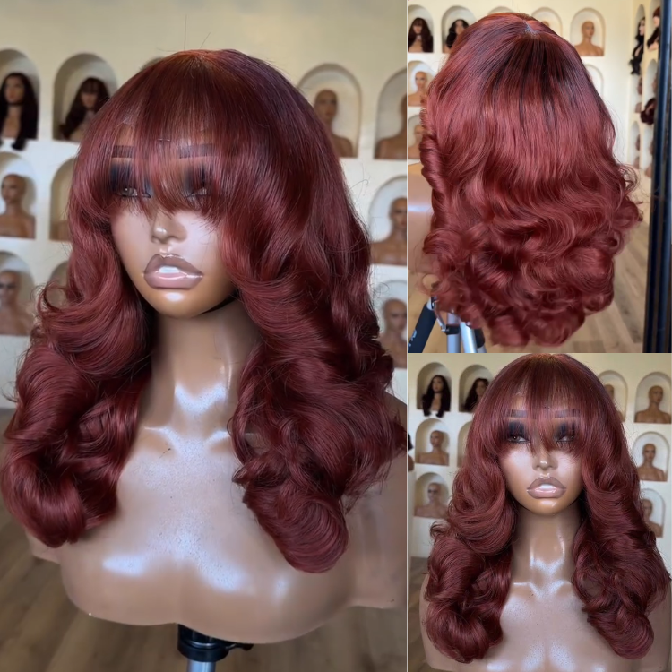 Vibrant 99J Wine Red Bouncy Body Wave Wig with Bangs - High Volume Glueless Human Hair Wigs- Rafarada