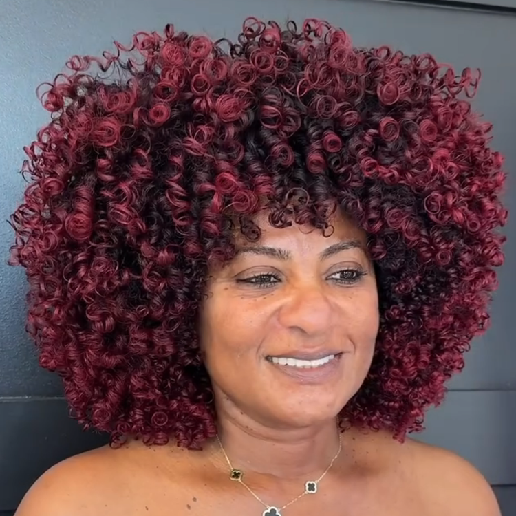 Vibrant Burgundy Ombre Curly Wig with Bangs | Voluminous Corkscrew Afro Curls- Rafarada
