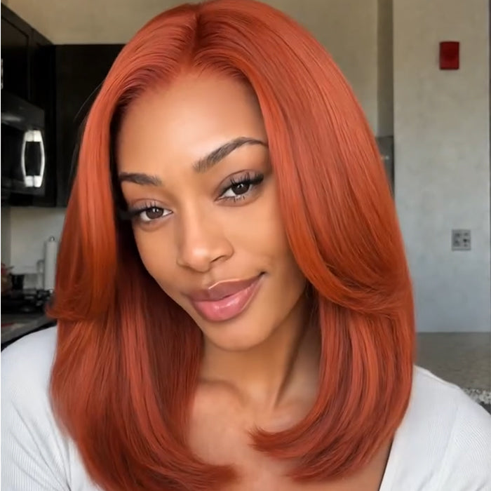 Vibrant Copper Ginger Layered Shoulder Length Bob Wig Face-Framing Cut Glueless Human Hair Wig - Rafarada