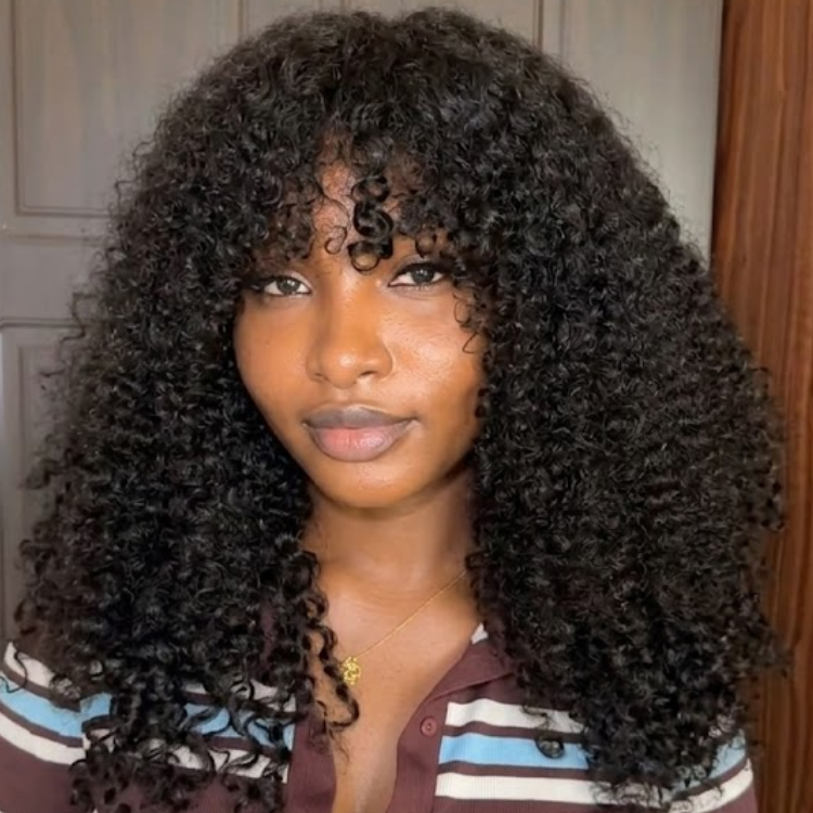 Natural Black Kinky Curly Wig with Bangs - Voluminous Glueless Human Hair Wig with Fringe - Rafarada
