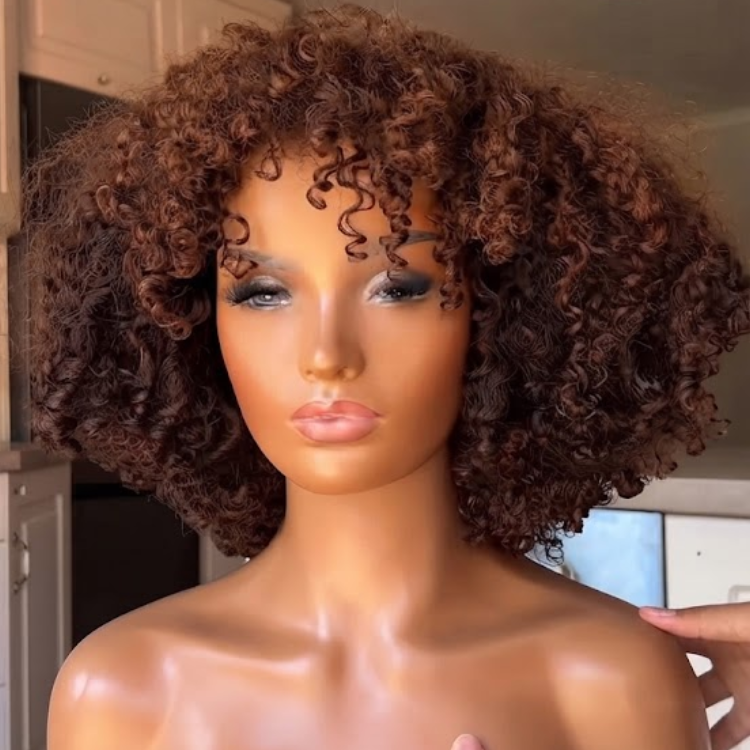 Warm Chestnut Brown & Caramel Highlight Afro Kinky Curly Wig with Bangs - Volumizing Tight Ringlet Coil Short Bob Human Hair Wig for Women- Rafarada