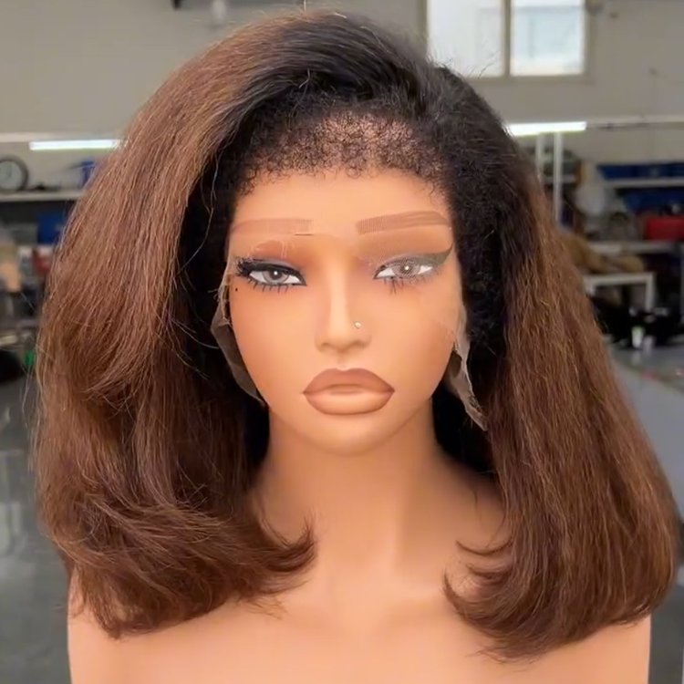 Chocolate Brown Wavy Bob with Natural Black Roots Pre-Plucked Hairline and Baby Hair - Rafarada
