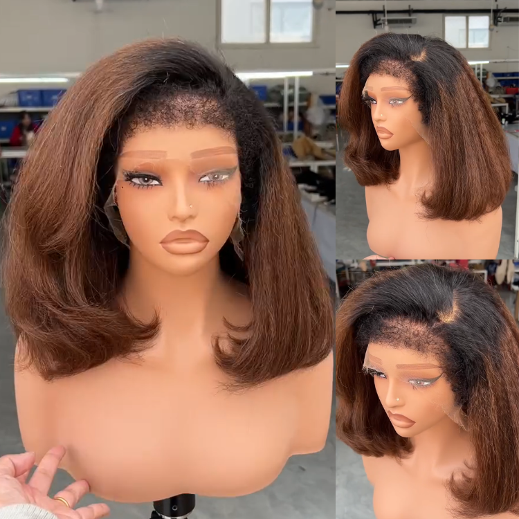 Chocolate Brown Wavy Bob with Natural Black Roots Pre-Plucked Hairline and Baby Hair - Rafarada