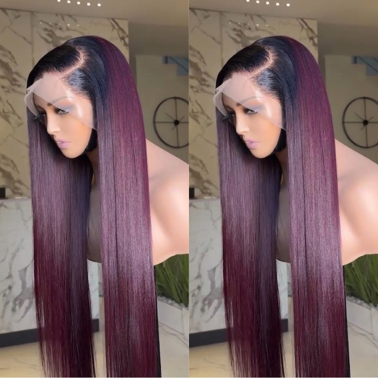 Luxurious Wine Red Ombre Bone Straight Wig - Vibrant Dark Purple-Red Mix with Seamless Dark Roots and Mirror-Like Shine- Rafarada