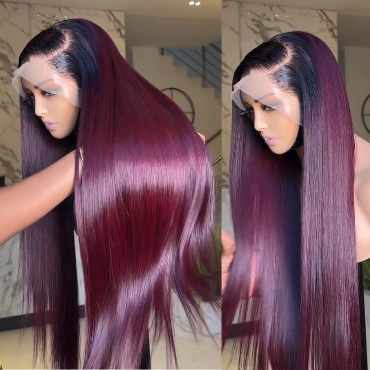 Luxurious Wine Red Ombre Bone Straight Wig - Vibrant Dark Purple-Red Mix with Seamless Dark Roots and Mirror-Like Shine- Rafarada