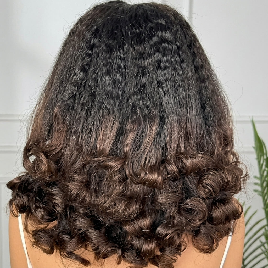 Kinky Straight Wig with Curly Ends Natural Black to Brown Ombre Glueless Human Hair Wig - Rafarada