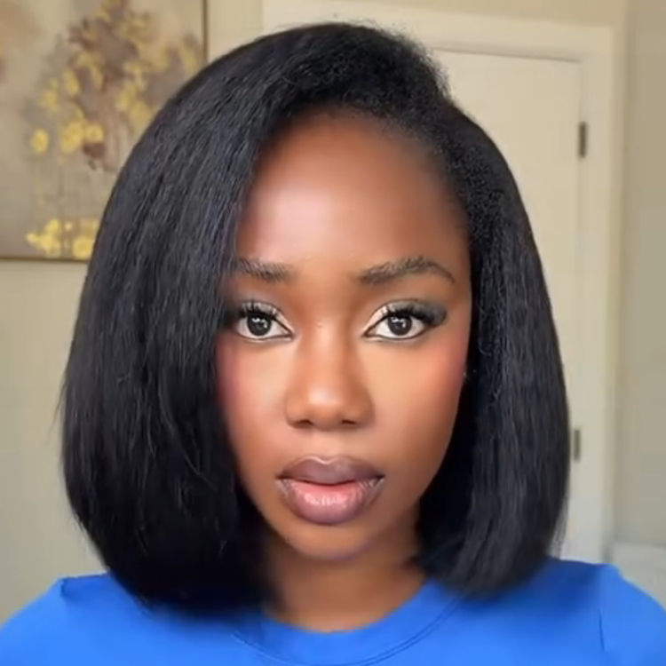 Natural Black Yaki Straight 4C Blowout Texture Human Hair Wig - Glueless Short Bob Lace Front Wig with Natural Hairline- Rafarada
