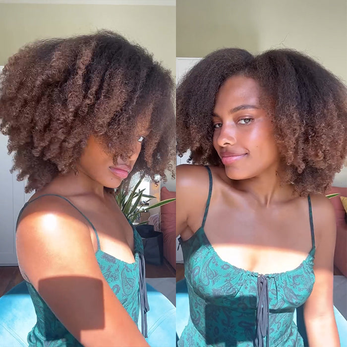 Afro Yaki Curly Wig Natural Black Ombre Light Brown Color 100% Human Hair Glueless HD Lace Curly Wig for Women- Rafarada