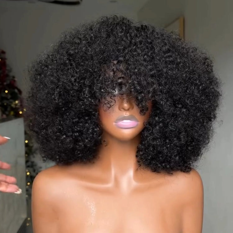 Afro Kinky Curly Headband Wig Human Hair Glueless None Lace Front Wigs Natural Black Bouncy Afro Curly Scarf Wig- Rafarada