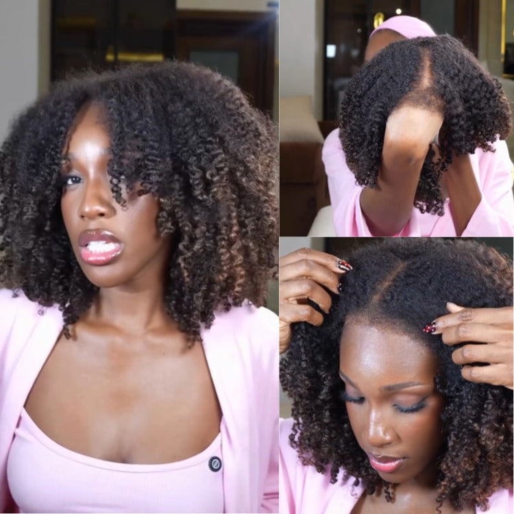 Glueless Afro Curl Human Hair Lace Front Wig Natural Black & Highlight Brown Afro Textured With 4C Edges - Rafarada