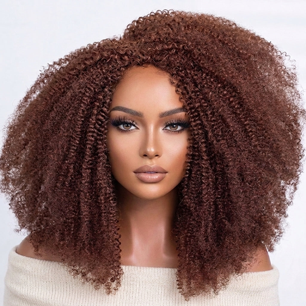 Chocolate Brown Color Afro Kinky Curly Glueless 3-In-1 Half Wig Human Hair For Women - Rafarada
