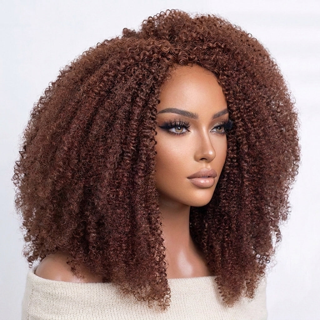 Chocolate Brown Color Afro Kinky Curly Glueless 3-In-1 Half Wig Human Hair For Women - Rafarada