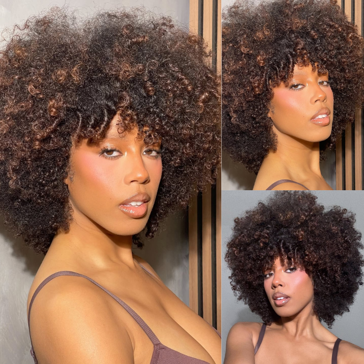 Mixed Brown Coily Afro Bob Wig Highlights Color Afro Kinky Curly Human Hair - Rafarada