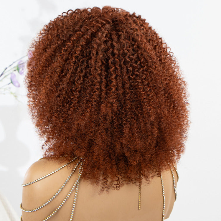 Orange Color Skin Base Wig Afro Curly Human Hair Wig With Bangs Full Mechanism Wig- Rafarada