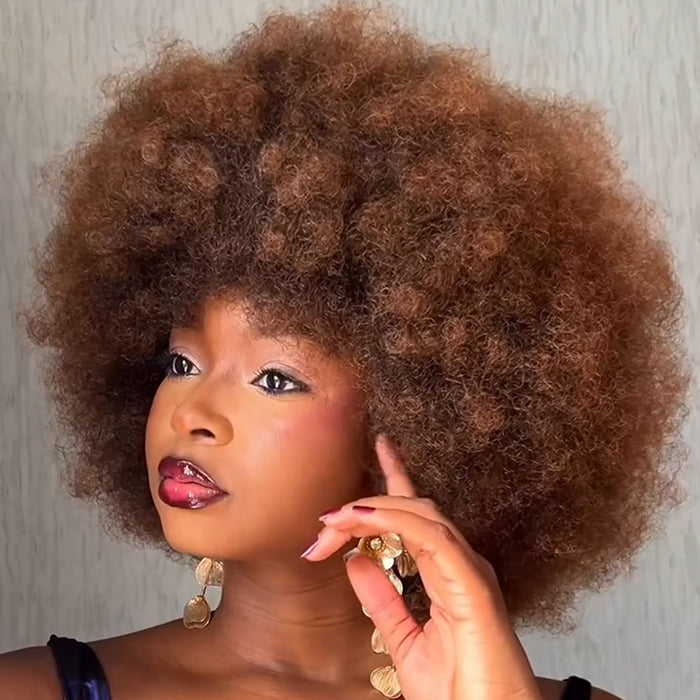 Afro Kinky Curly Corn Human Hair Wig Glueless Lighlight Brown Color Wig With Bangs Beginner Friendly- Rafarada