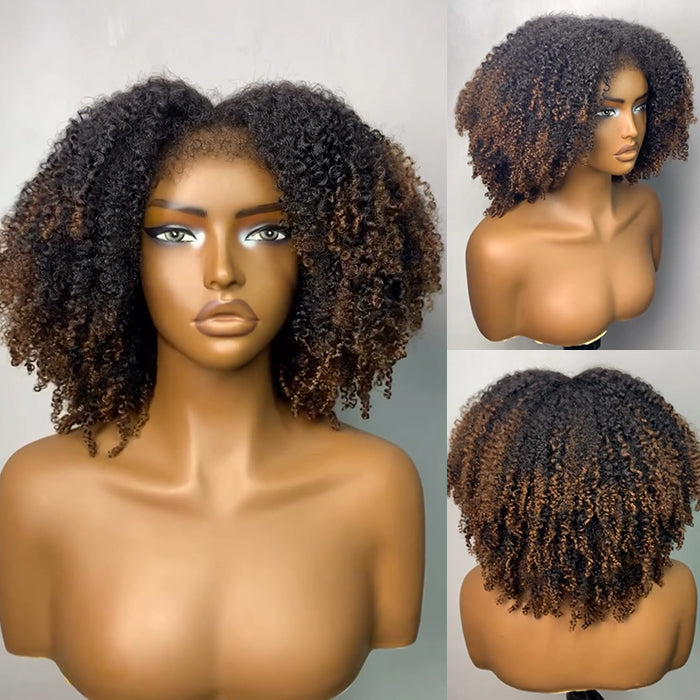 Ombre Brown Color Afro Curly Wig With Bangs Glueless Human Hair Wig 250% Density Wig With 4C Edges Easy To Wear For Woman- Rafarada