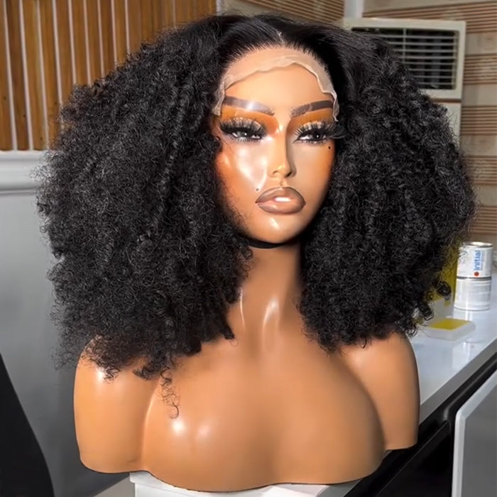 Glueless Kinky Curly HD Lace Front Human Hair Wigs for Black Women Realistic 4C Kinky Curly Natural Black Voluminous Melted Match Lace Wig - Rafarada