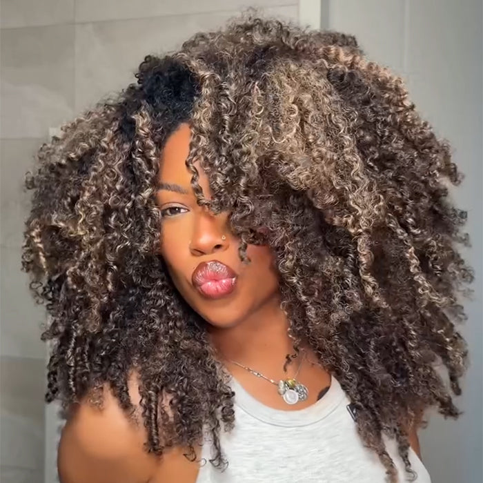 Highlight Color Afro Curly With 4C Edges Glueless Human Hair Wig Spiral Curls Pre-plucked With Natural Hairline Wig - Rafarada