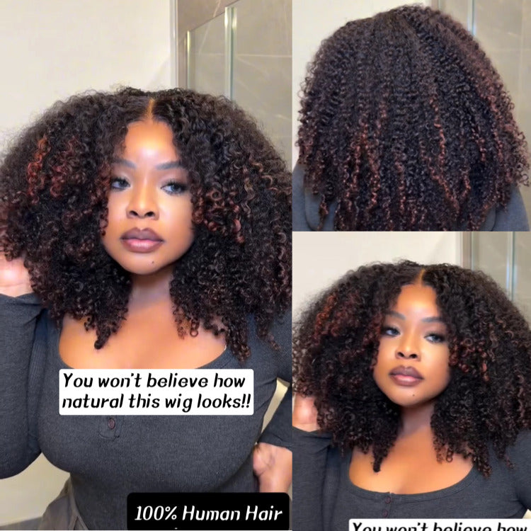 Ombre Highlight Color Afro Curly Lace Front Human Hair Wigs With Reddish Brown Color Pre-Plucked Glueless Wig - Rafarada