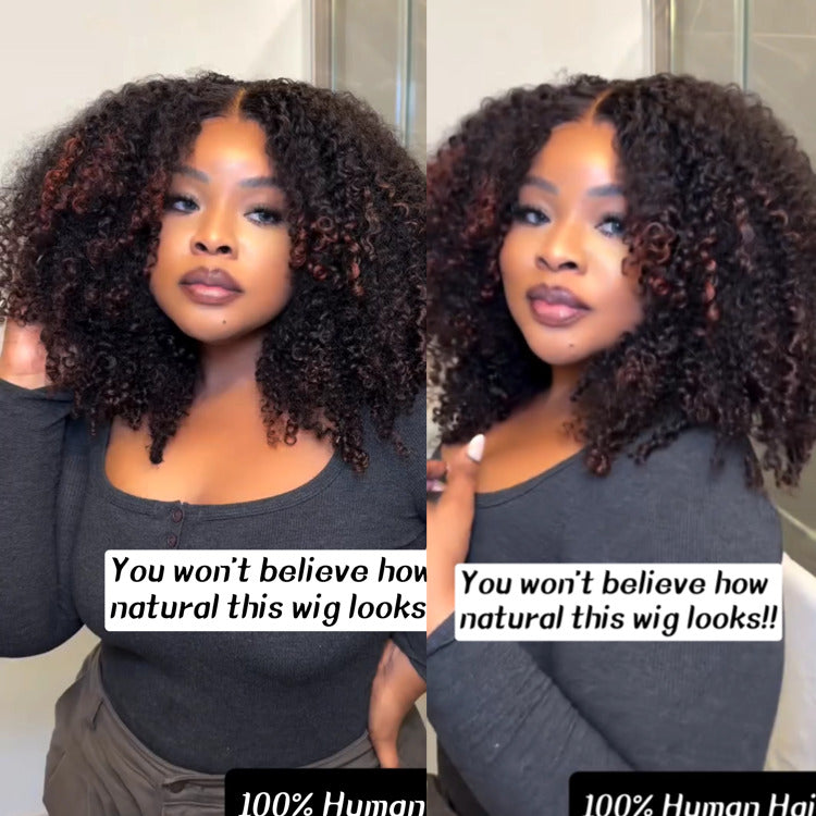 Ombre Highlight Color Afro Curly Lace Front Human Hair Wigs With Reddish Brown Color Pre-Plucked Glueless Wig - Rafarada