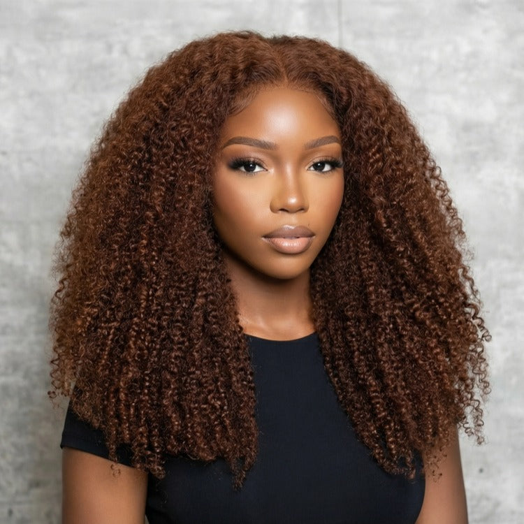 Glueless Afro Curl Deep Auburn Tones and Defined Voluminous Curls Human Hair Lace Wig With 4C Edges - Rafarada
