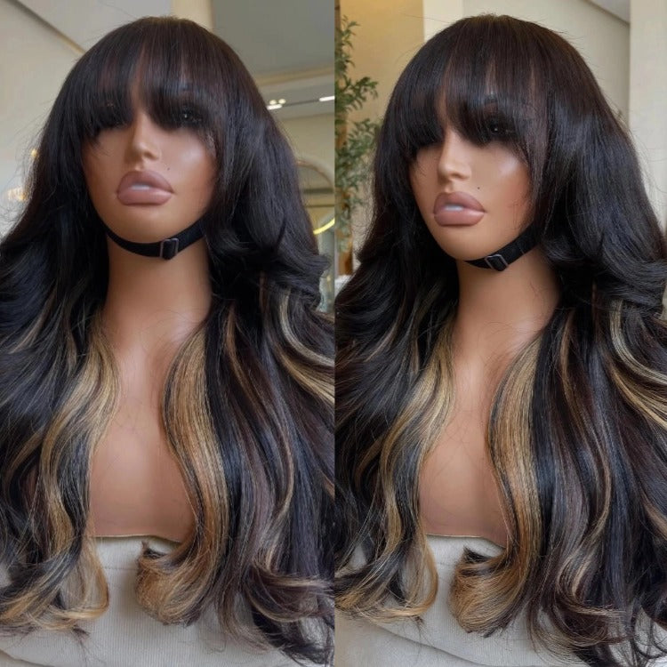 Body Wave Wigs Blonde Highlight Human Hair Wig HD Lace Frontal Human Hair Wig Pre Plucked Wig With Bangs - Rafarada